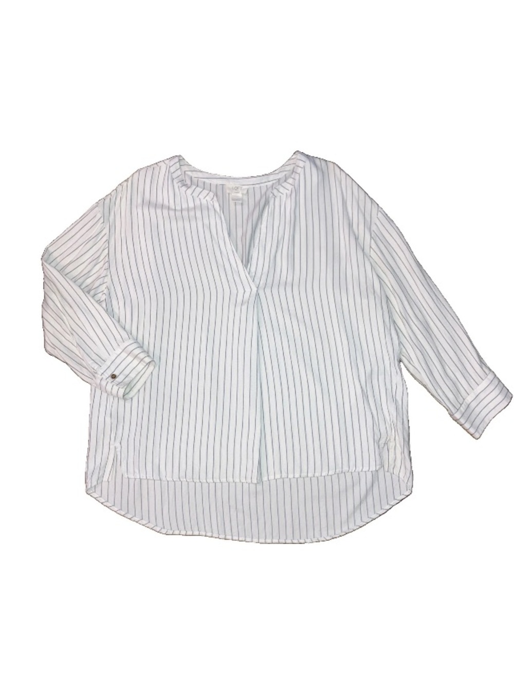 LOFT Lounge White Soft Viscose Popover Tunic V Neck Long Sleeve Blouse Striped L - Picture 2 of 10